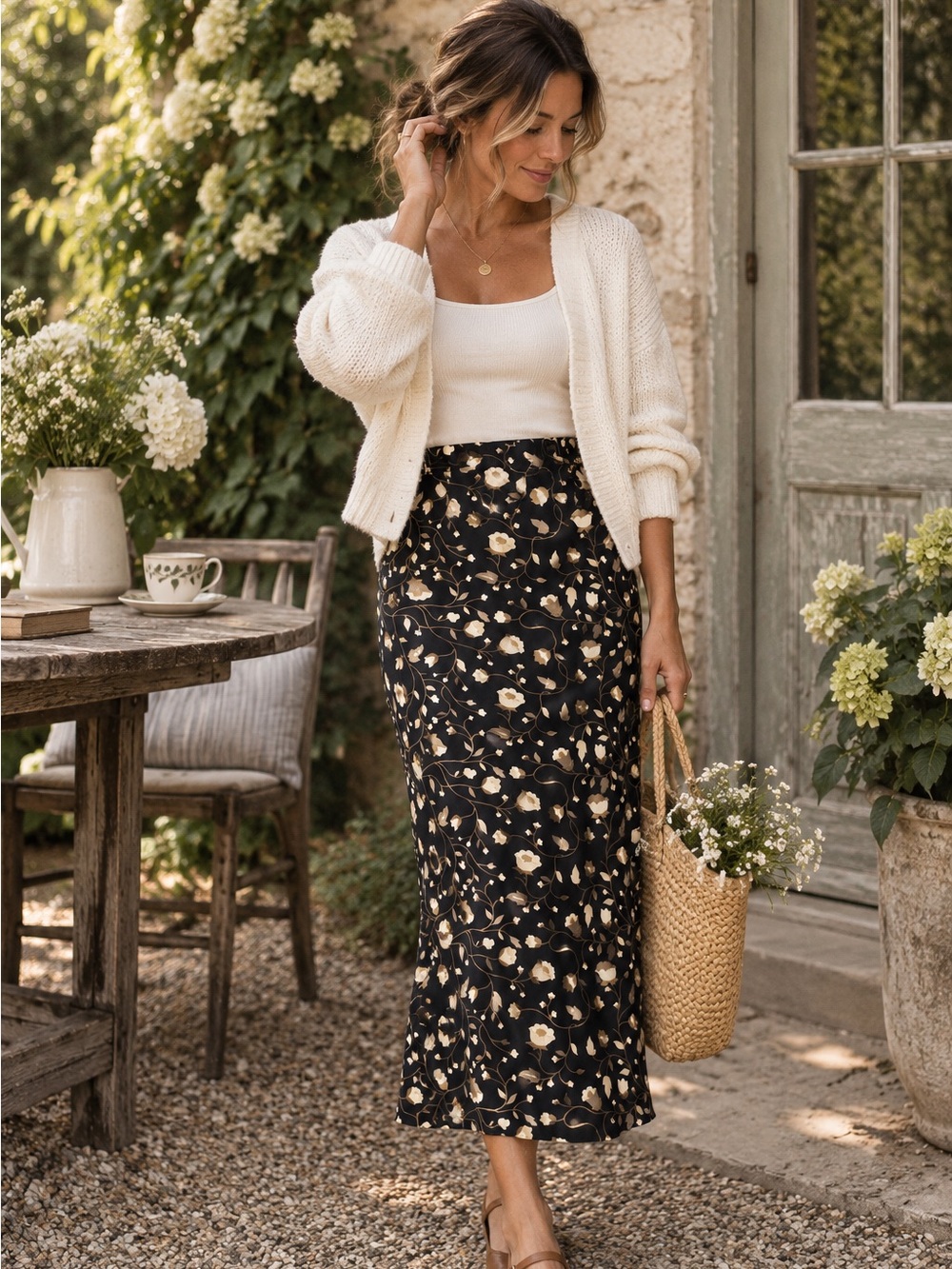 Vintage Essence Petites Floral Midi Skirt 12P | Navy & Cream | Vintage